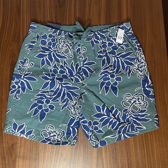 GAP Men's Easy Shorts 8" Green Blue Floral Drawstring Waistband Large - Picture 1 of 8